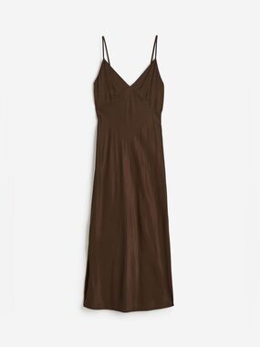 Chocolate Brown Satin Dress Midi Slip Style H&M Earthy Fairy Minimalist Viscose